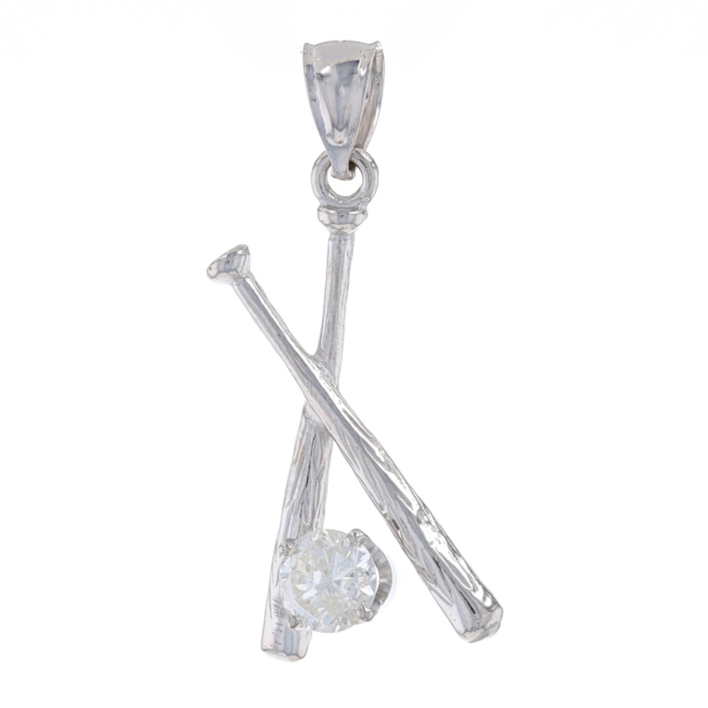 White Gold Diamond Baseball Solitaire Pendant 14k Round .54ct Sports Bats & Ball